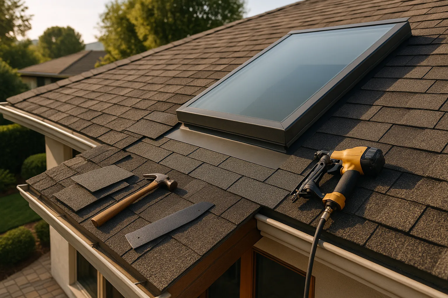 Close-up view of roof repair with new shingles and flashing in Westlake Village, California