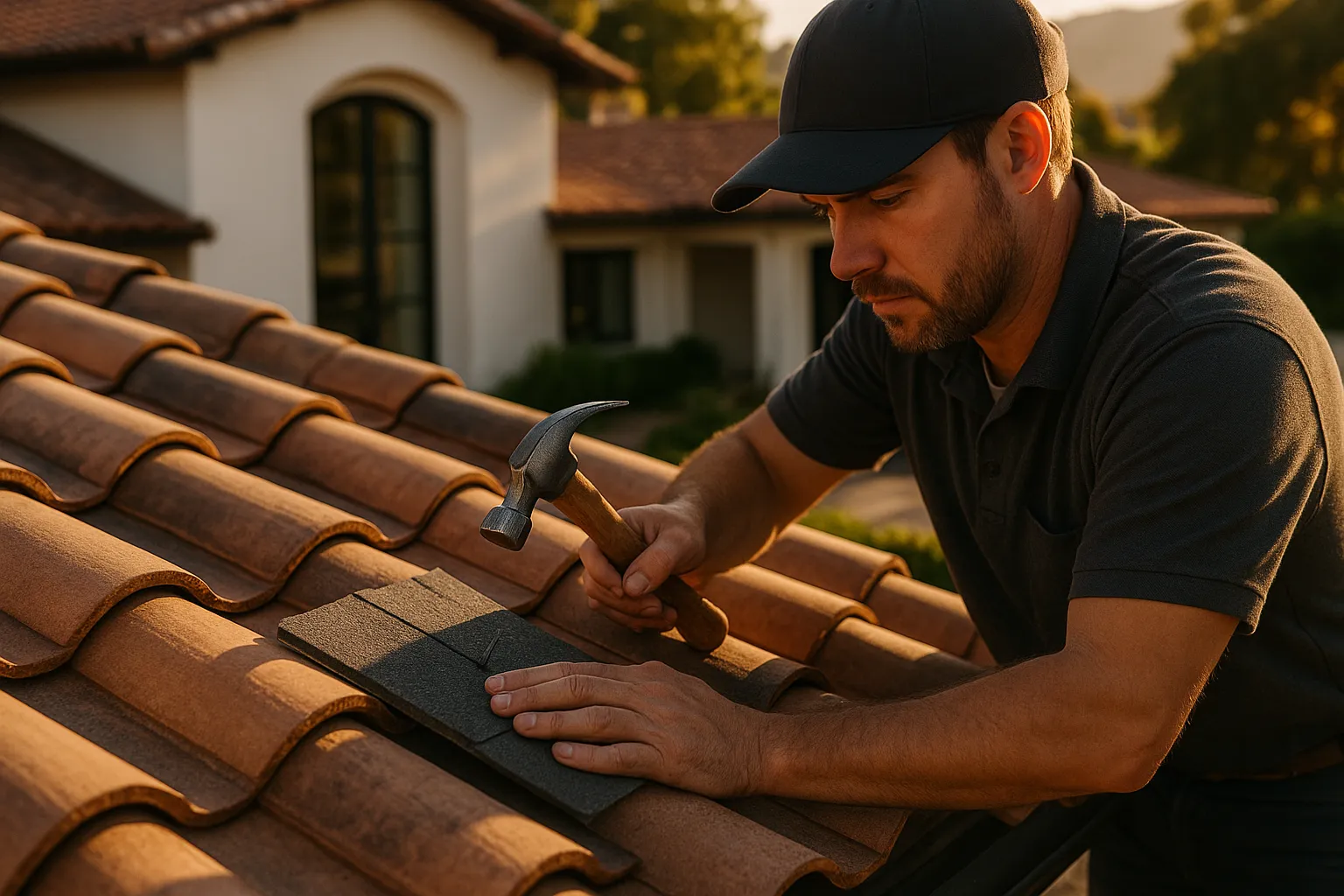Roof shingle repair on a Mediterranean-style home in Westlake Village, California.