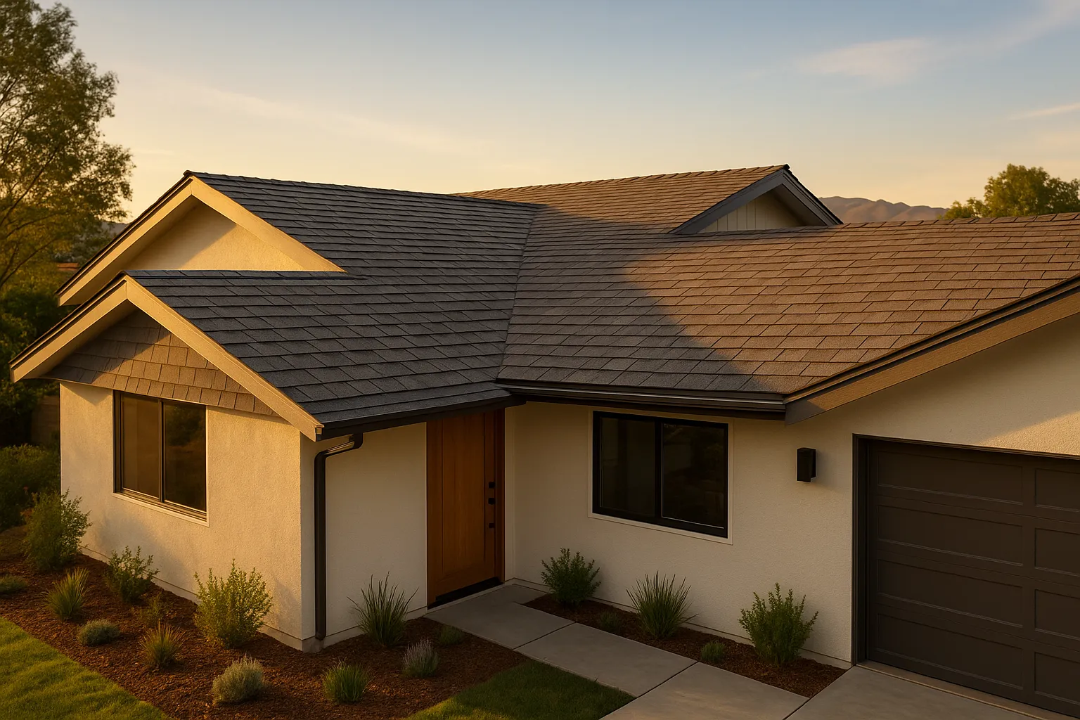 Partial re-roof completed on a modern ranch-style home in Thousand Oaks, California.