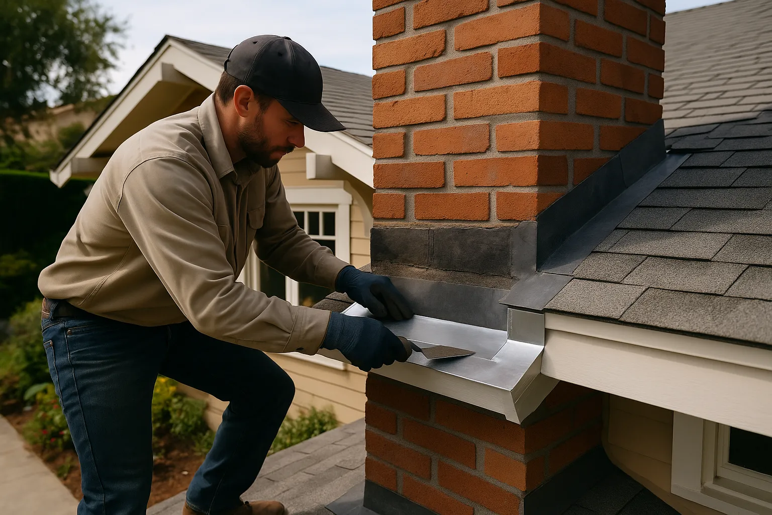 Chimney flashing repair on a California bungalow in Westlake Village.