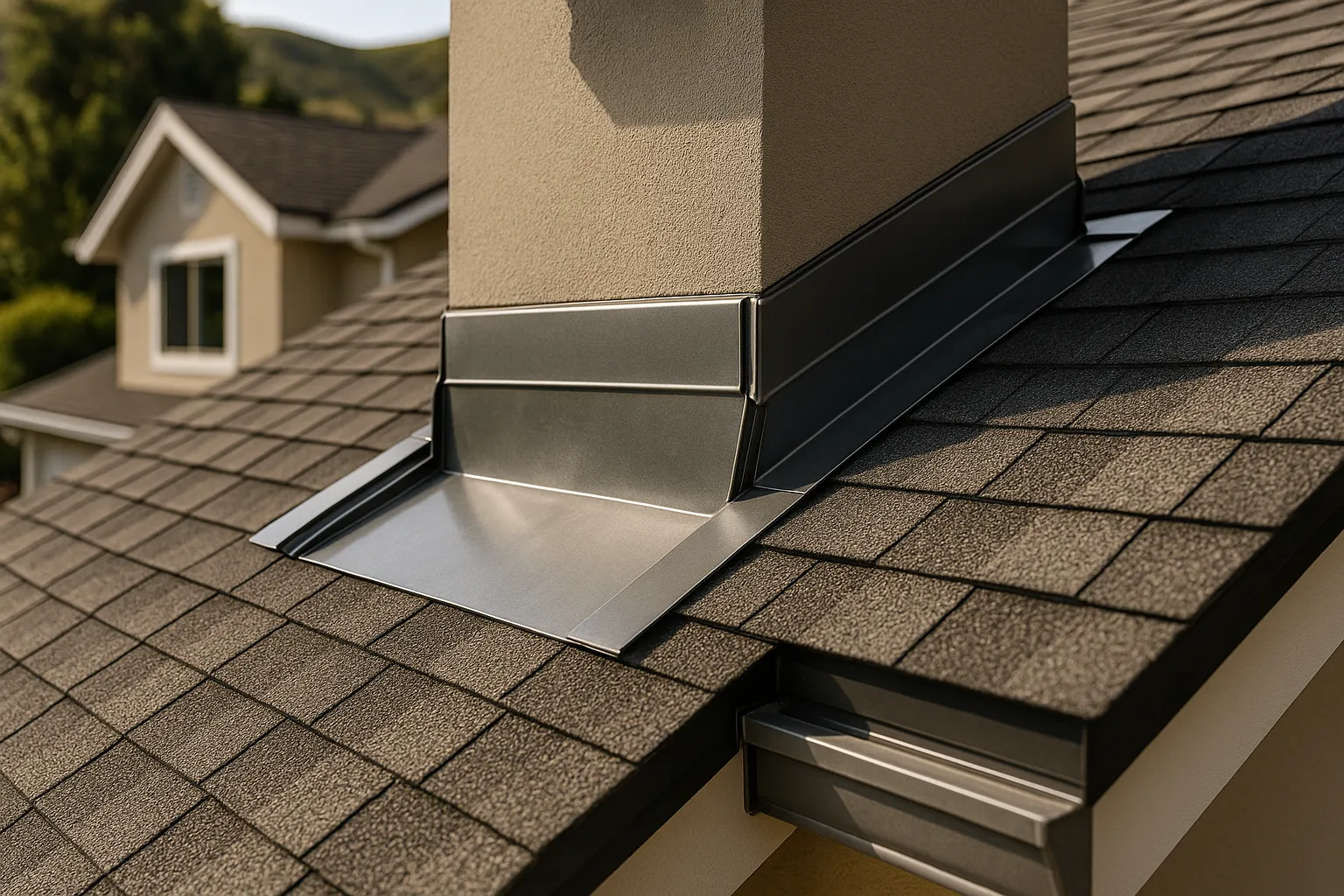 Detailed flashing installation on a complex roofline in Westlake Village, California