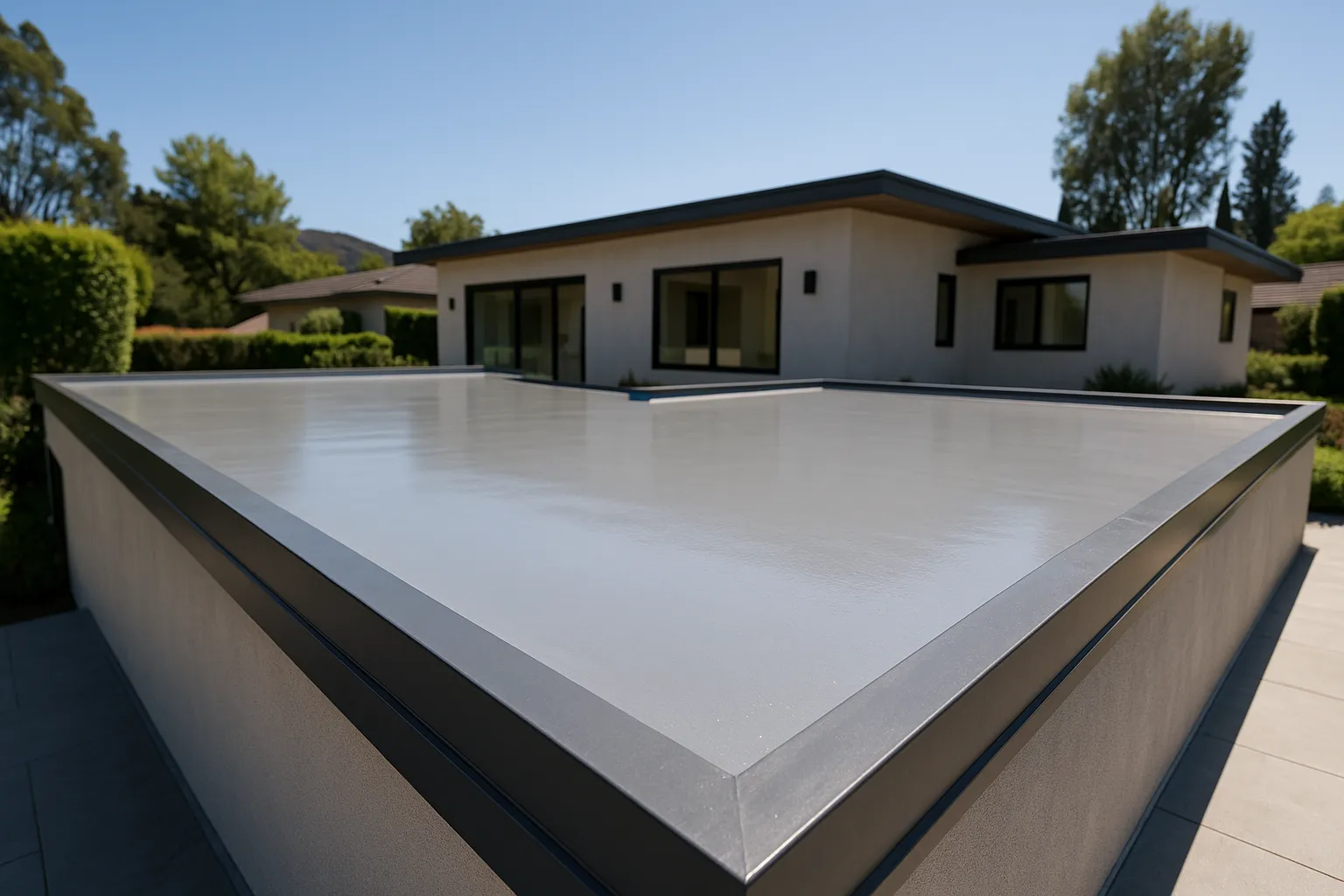 Finished flat roof section on a modern home in Westlake Village, California