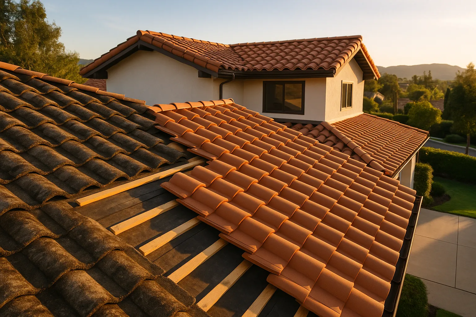 Partially completed clay tile roof replacement in Westlake Village, California