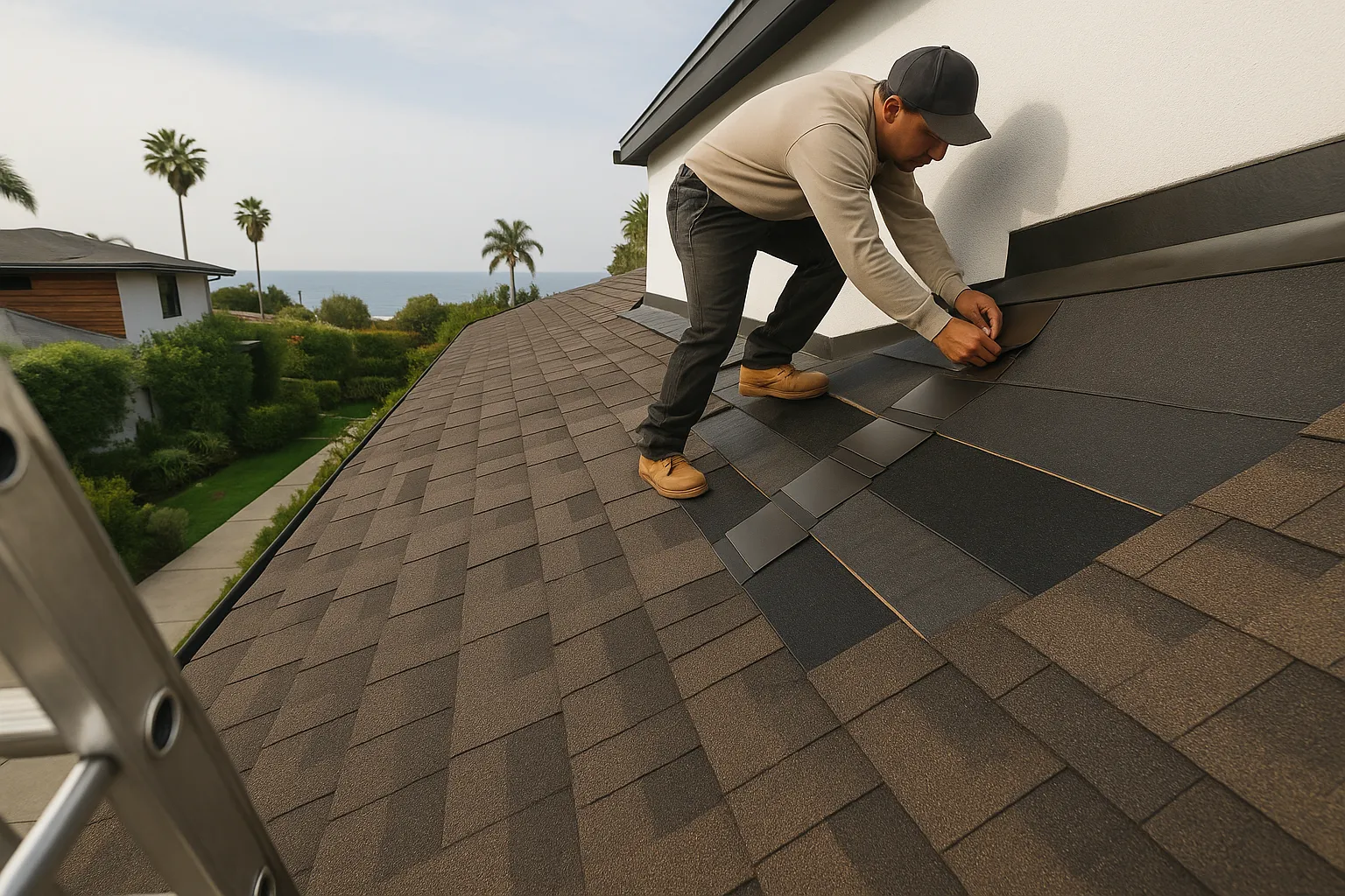 Close-up of asphalt shingle installation in Santa Monica, California