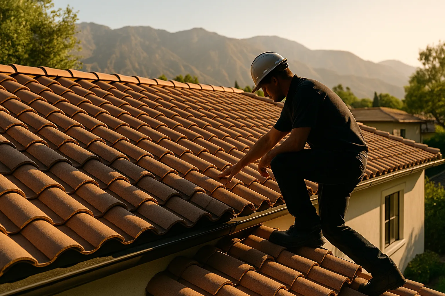 Licensed roofing contractor inspecting a clay tile roof in Pasadena, California