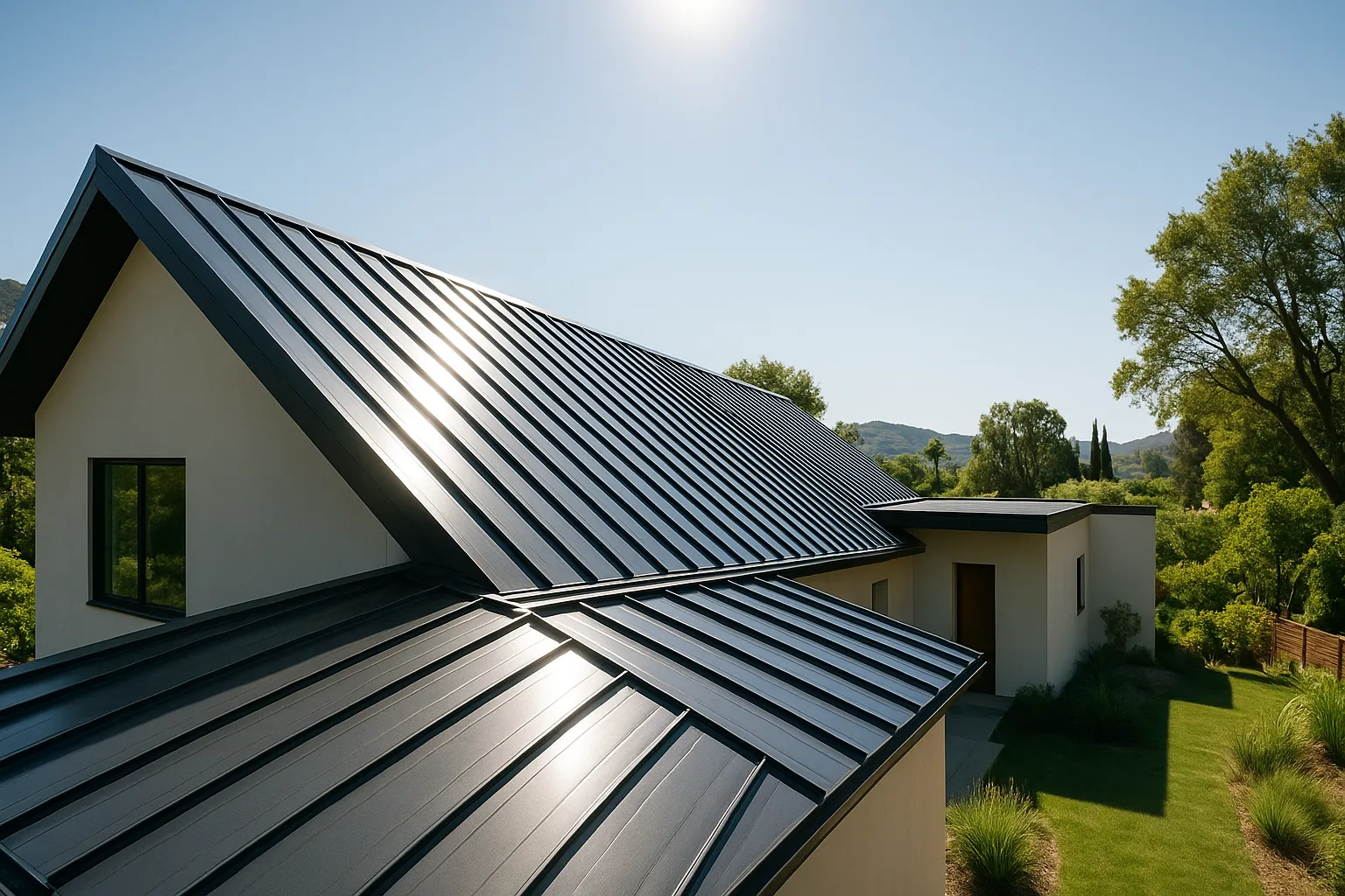 Completed metal roof installation on a modern home in Glendale, California