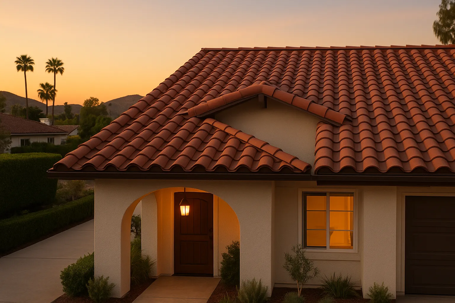 Eye-level view of clay tile roof on Spanish-style home in Westlake Village, California