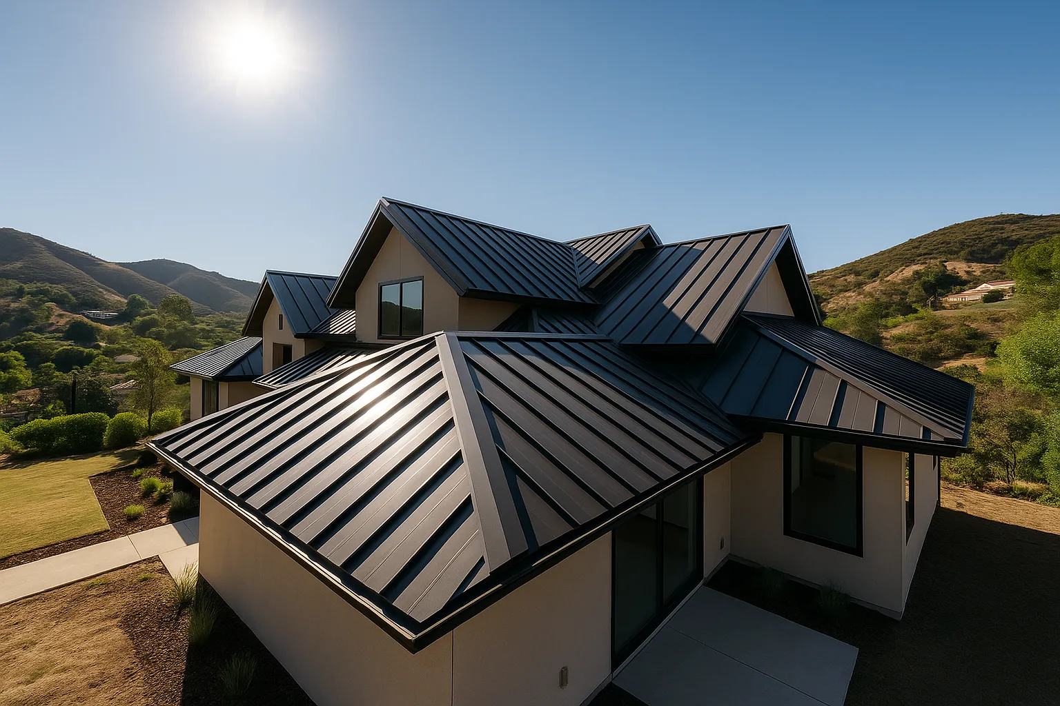 Ground-level view of standing seam metal roof on hillside estate in Westlake Village, California