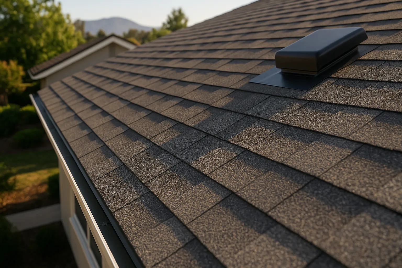Ladder-level view of 3-tab asphalt shingle roof installation in Westlake Village, California