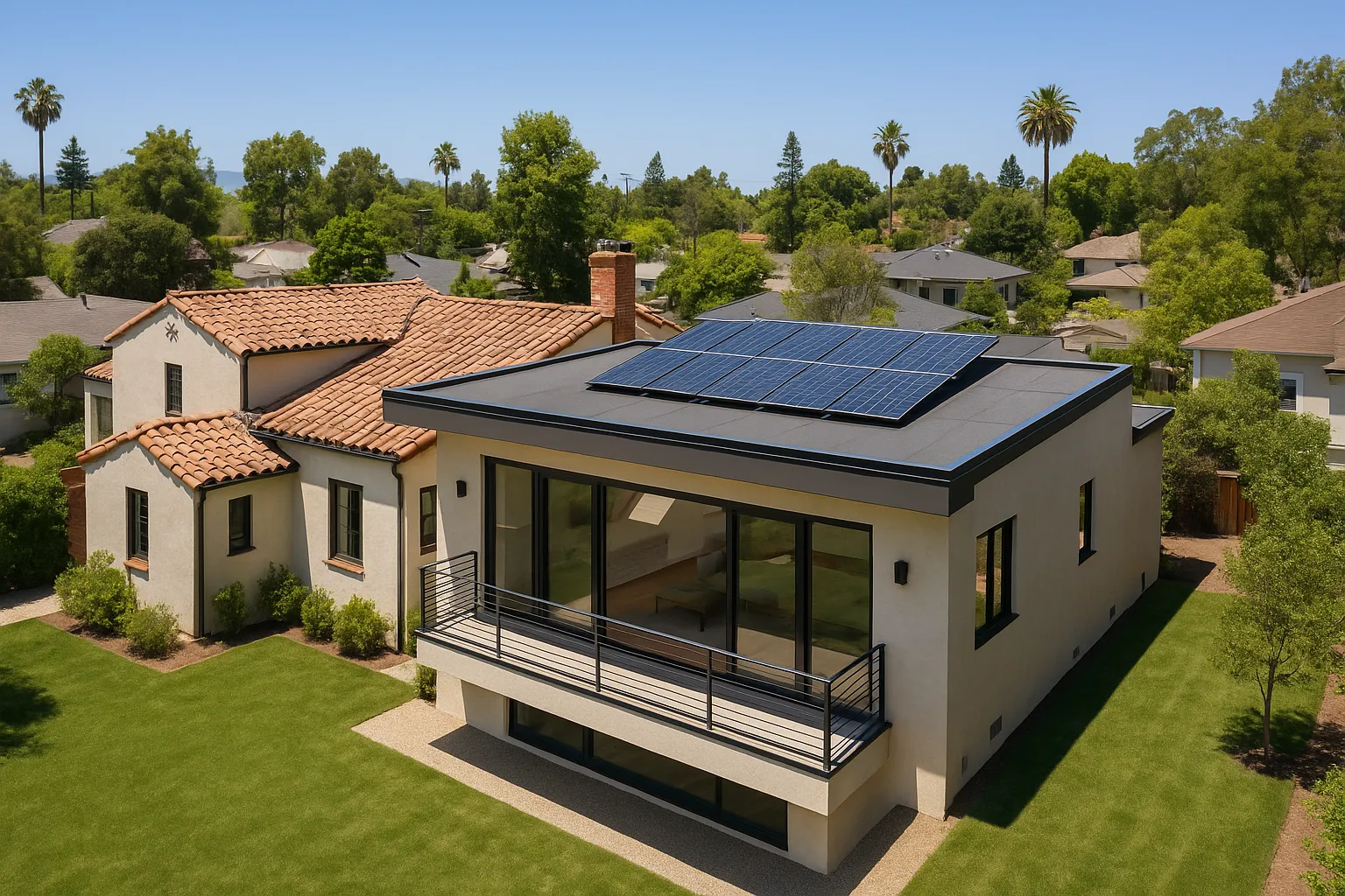 Drone aerial view of a Glendale home with a newly added primary suite, California
