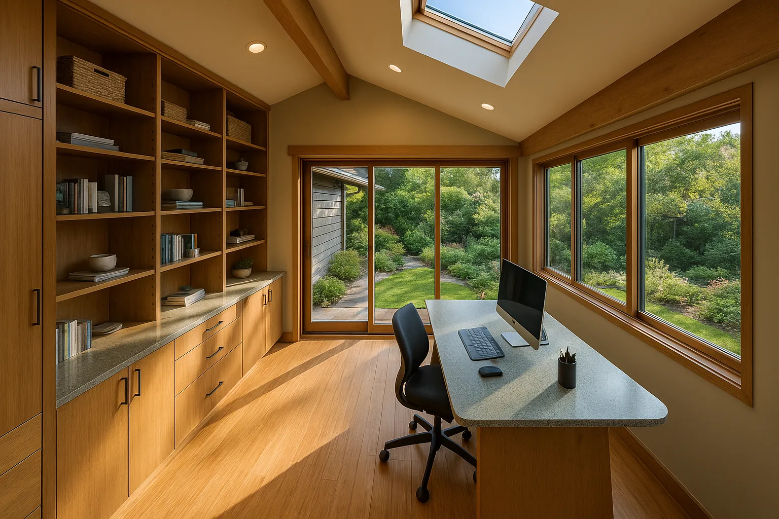 Modern home office addition in Glendale, California with garden views