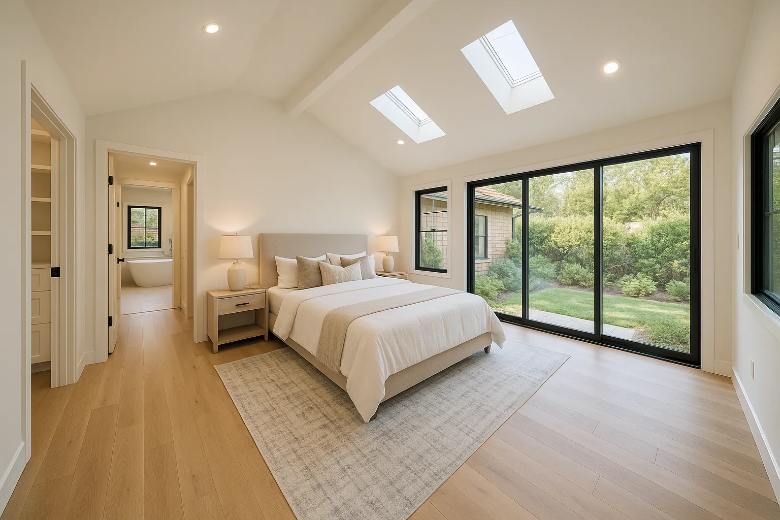 Interior view of a newly added primary bedroom suite in a California craftsman home.