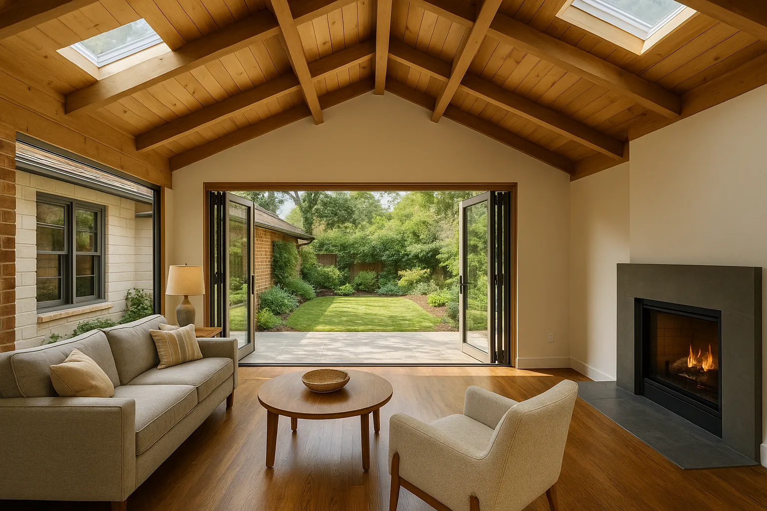 Family room expansion in a Pasadena ranch-style home with large bi-fold doors.