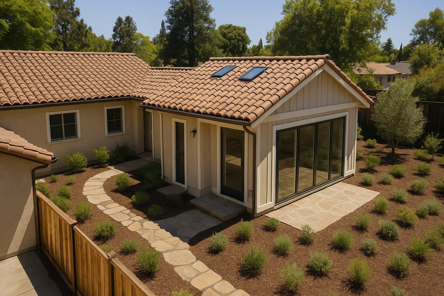 Aerial view of an in-law suite addition to a California home with integrated roofline.