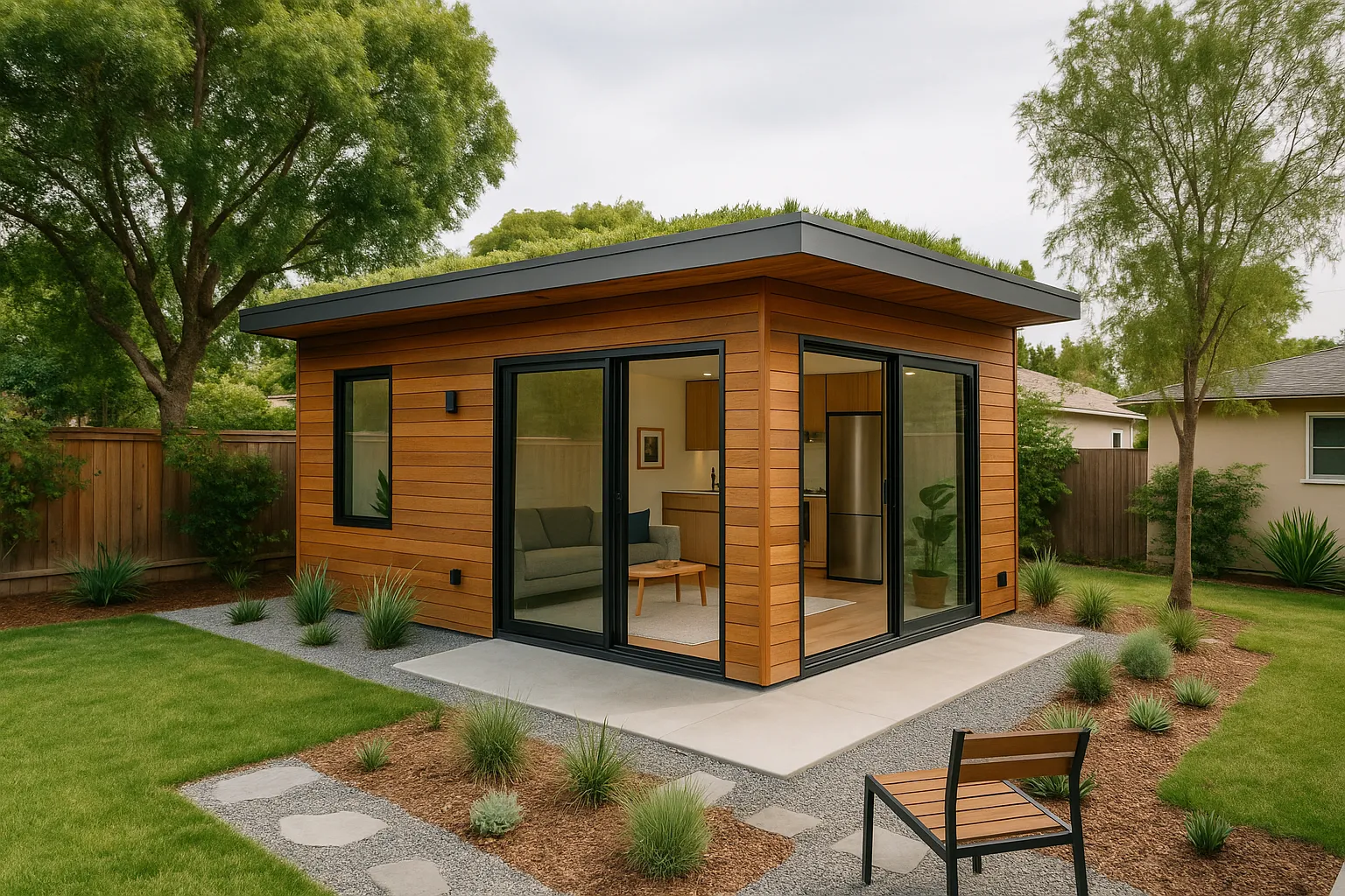 Garage conversion ADU in Long Beach California with modern wood cladding and green roof.
