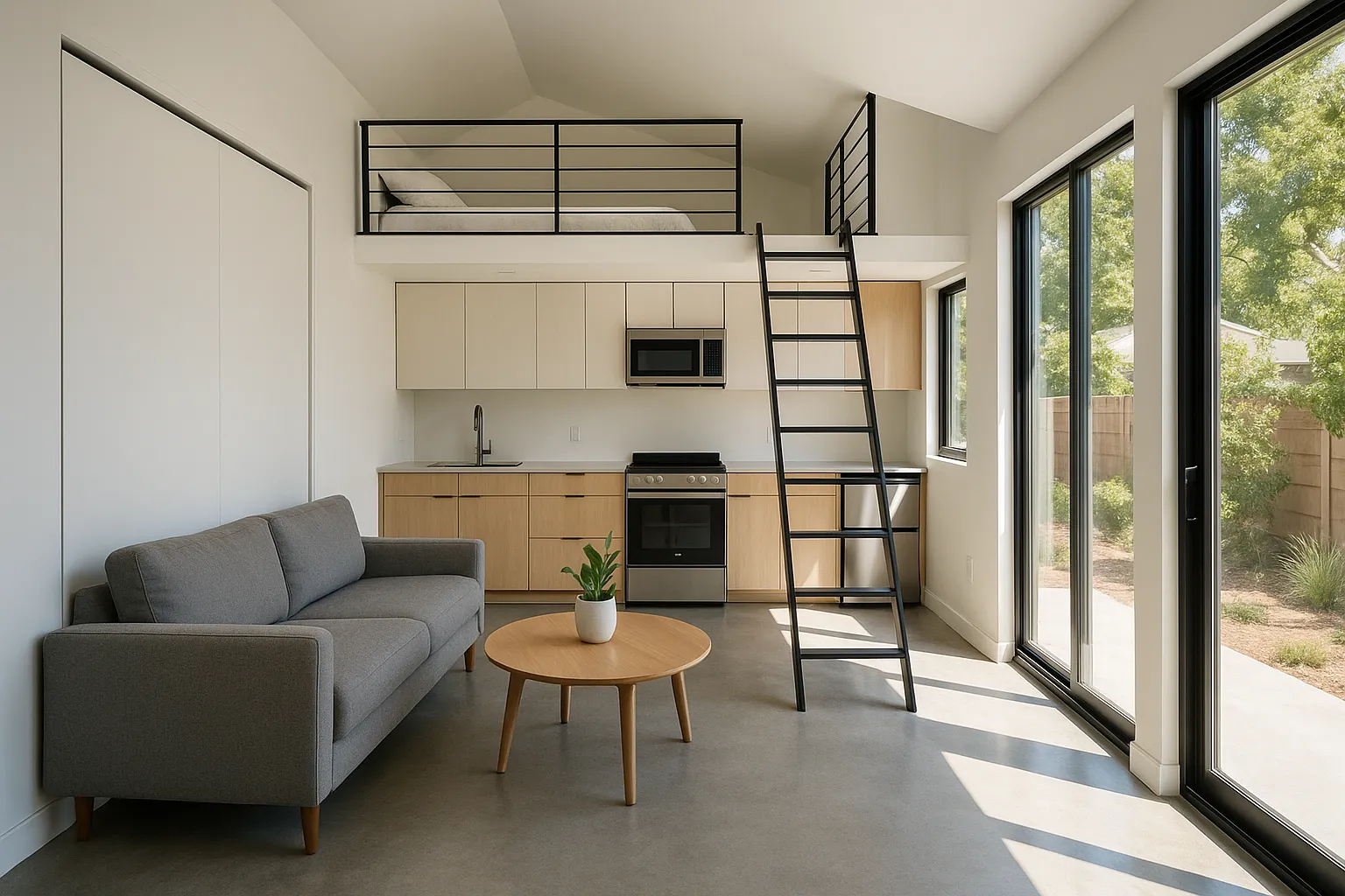 Interior of a custom detached ADU in Long Beach with open-plan living, kitchen, loft, and Murphy bed.
