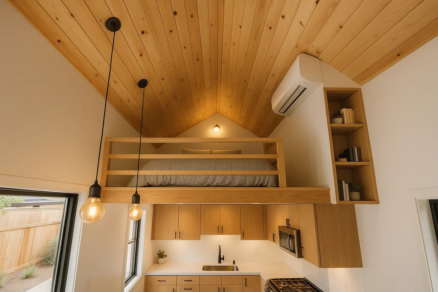 View of sleeping loft in Long Beach ADU with steep ceiling and mini-split HVAC system.