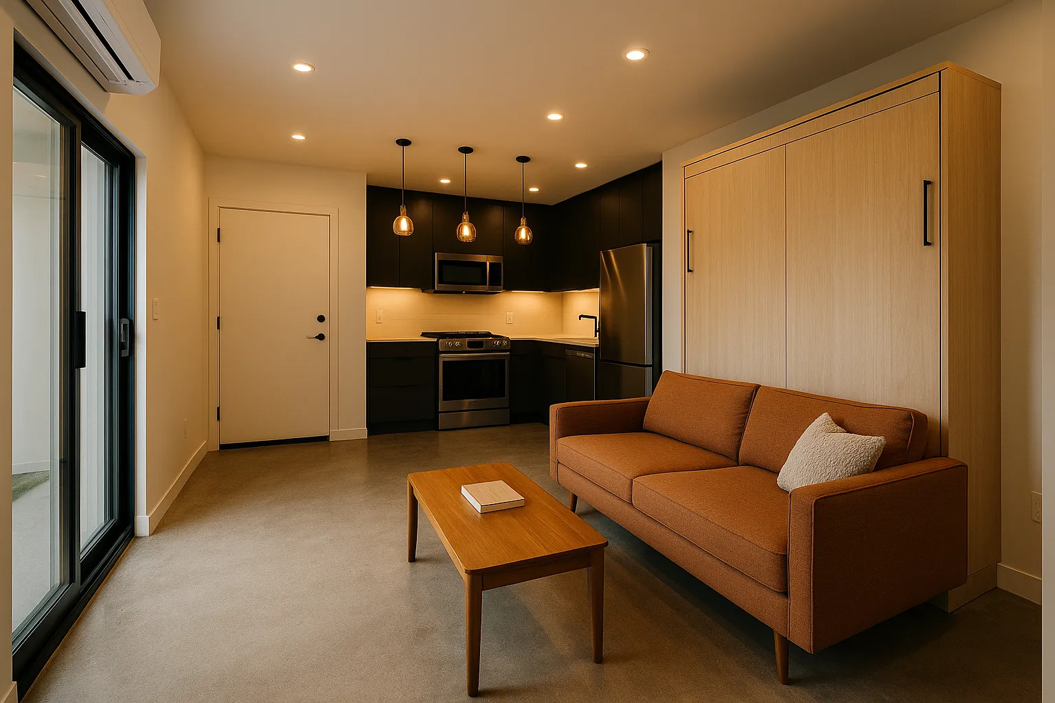 Open-plan living and kitchen area in ADU, Santa Monica, California