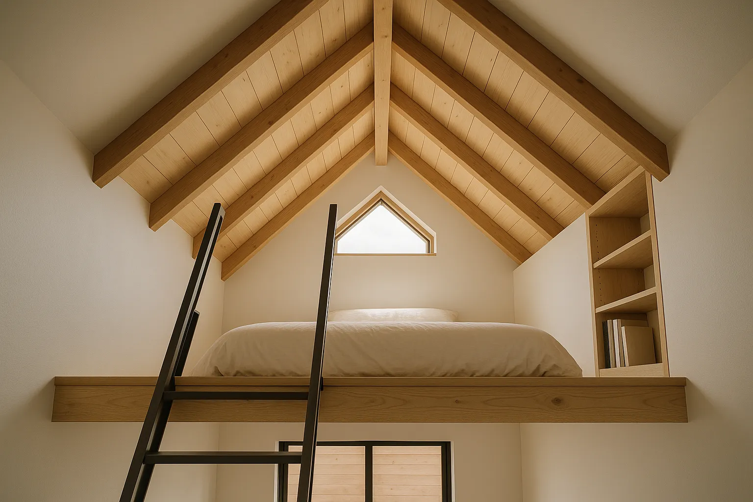 View of sleeping loft in modern ADU, Santa Monica, California