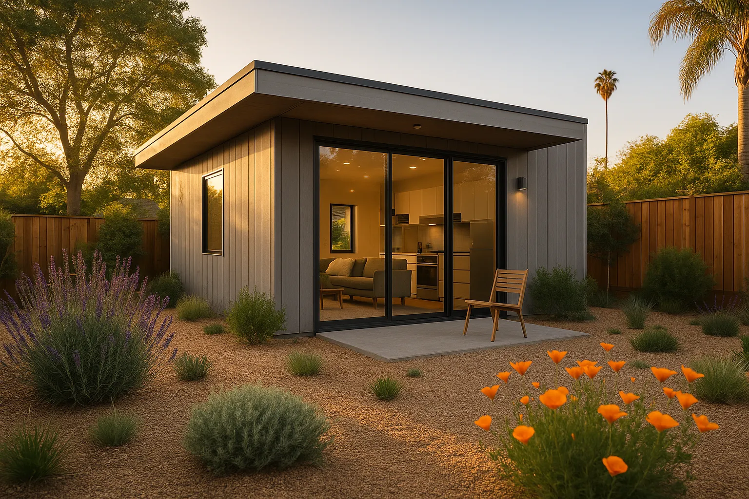 Backyard view of detached ADU with modern design, Santa Monica, California