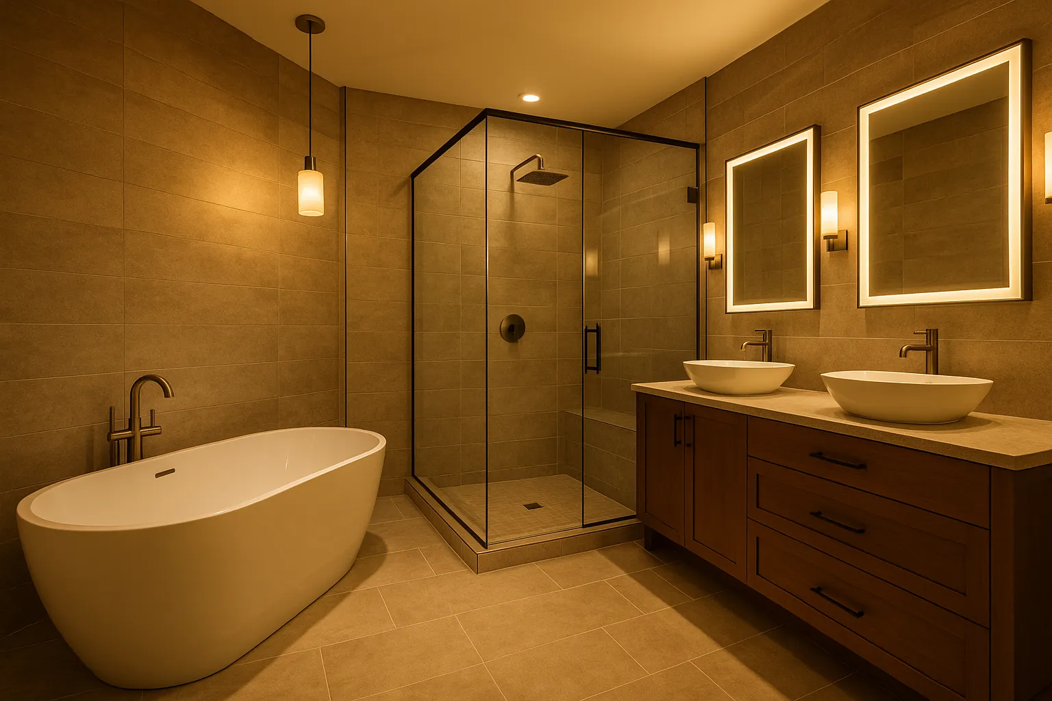 Mid-range bathroom remodel with large-format tile shower surround in Arcadia, California.