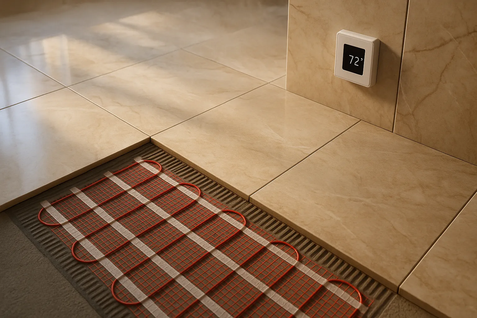 Luxury bathroom remodel heated floor installation in Arcadia, California home.