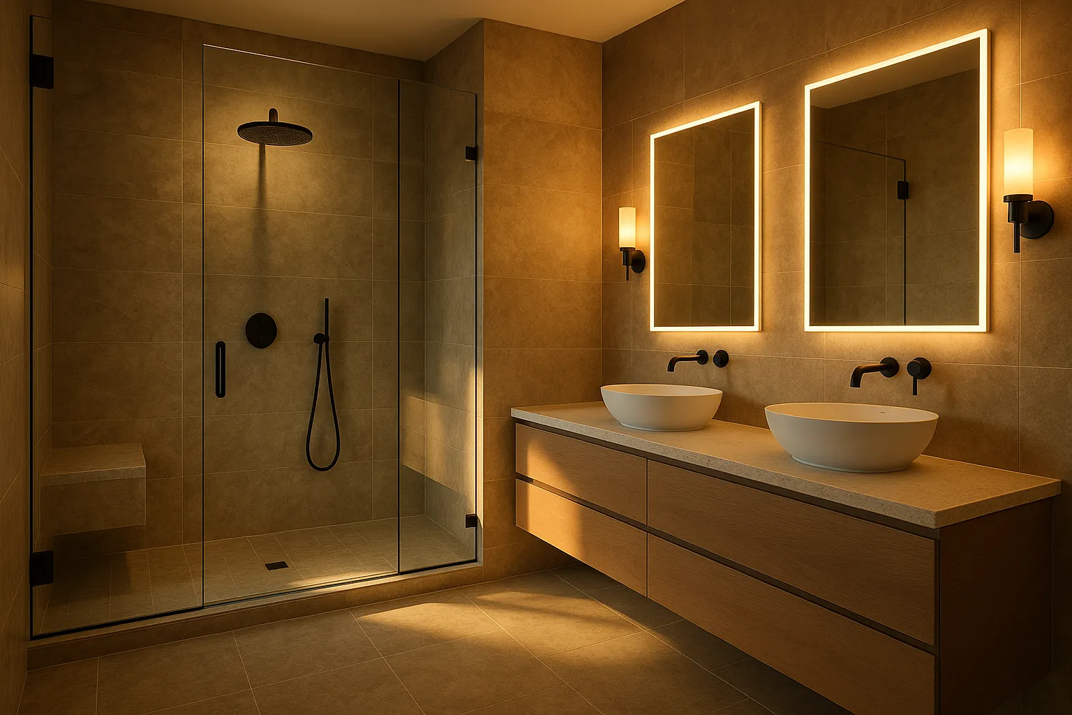 Full gut and rebuild bathroom remodel with walk-in shower and floating vanity in Arcadia, California.