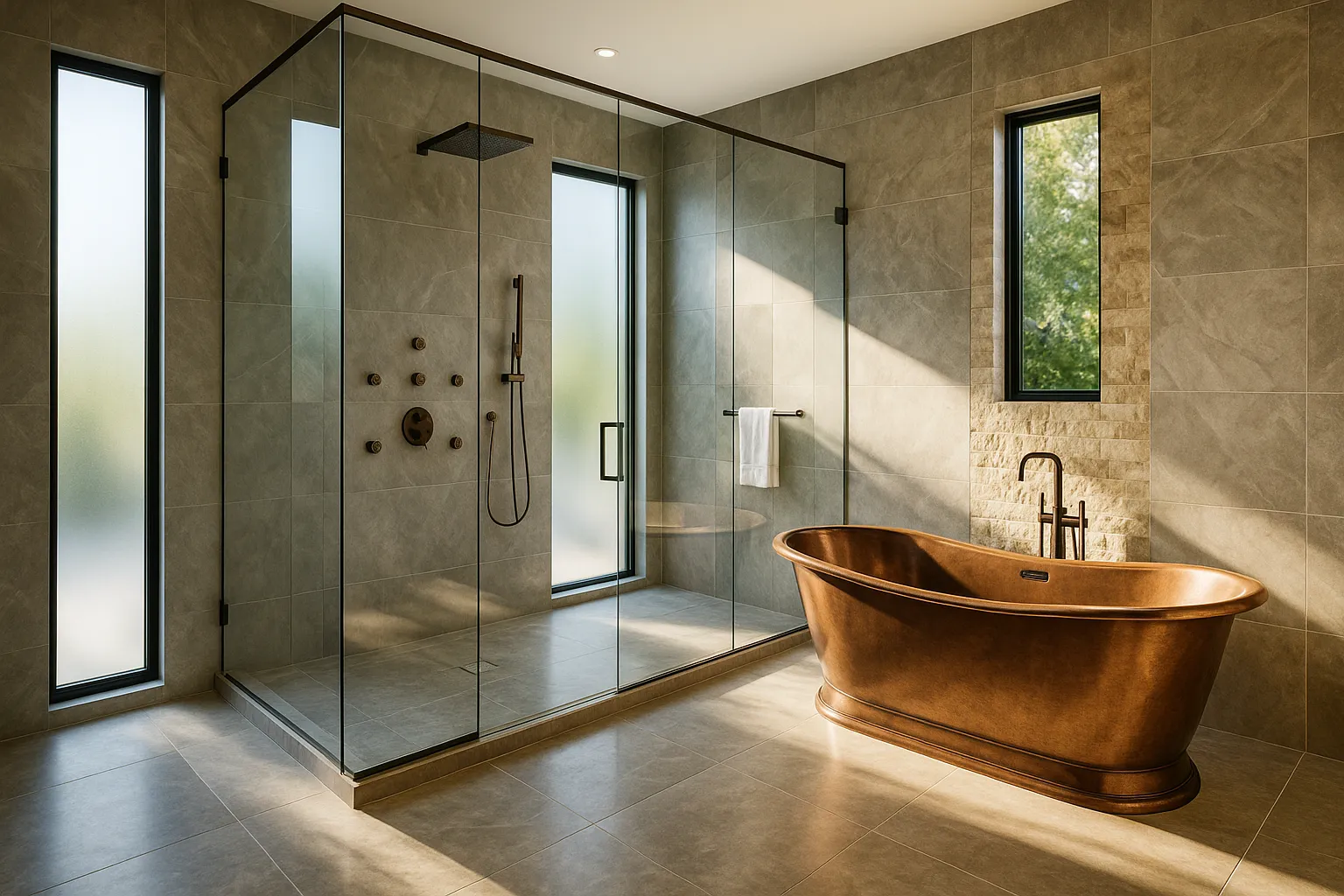 Luxury wet room and spa bath with copper tub in Studio City, California