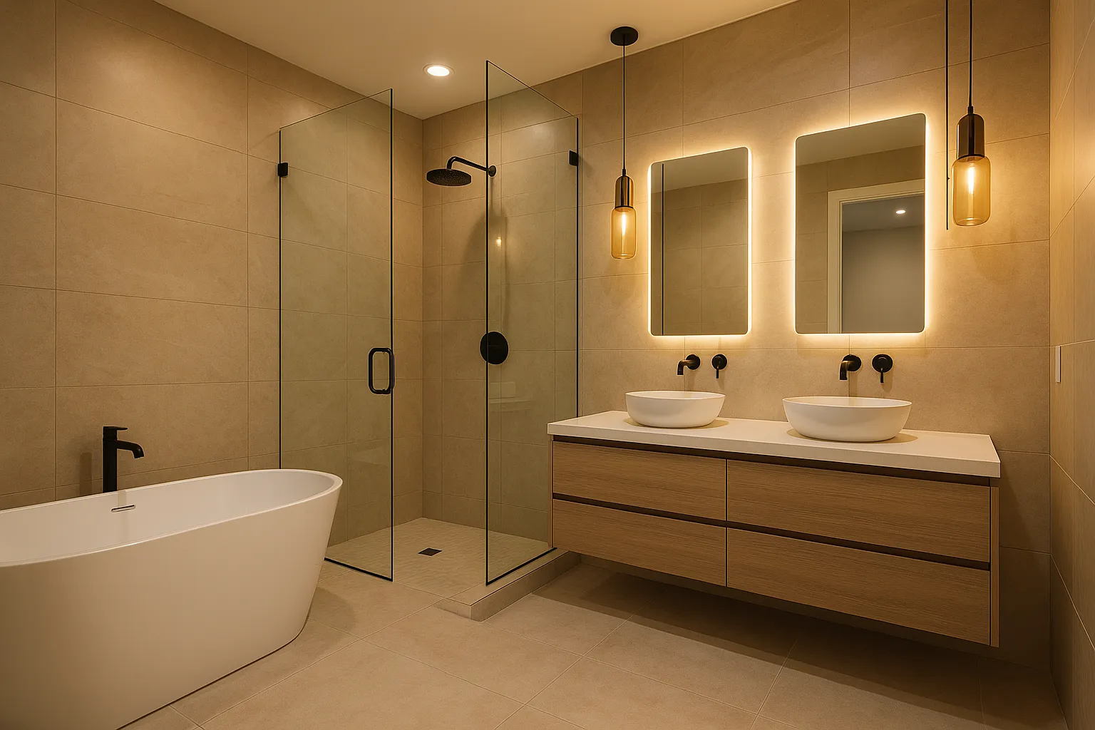 Mid-range bathroom remodel with new tile and modern vanity in Studio City, California
