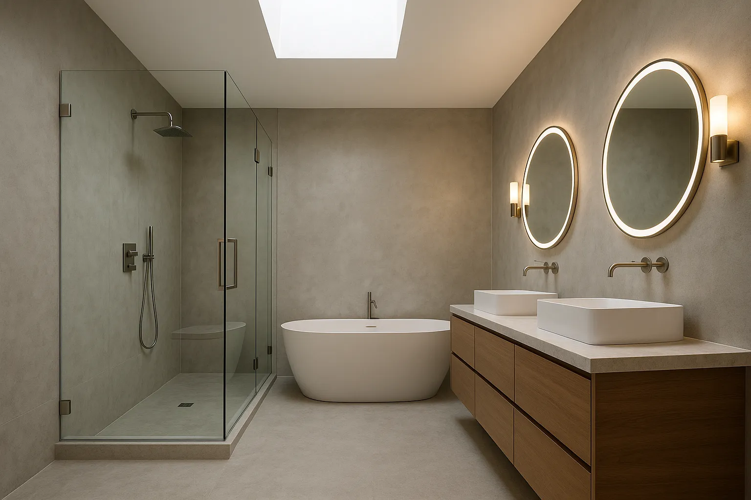 Mid-range remodeled bathroom in West Hollywood with microcement walls and modern fixtures