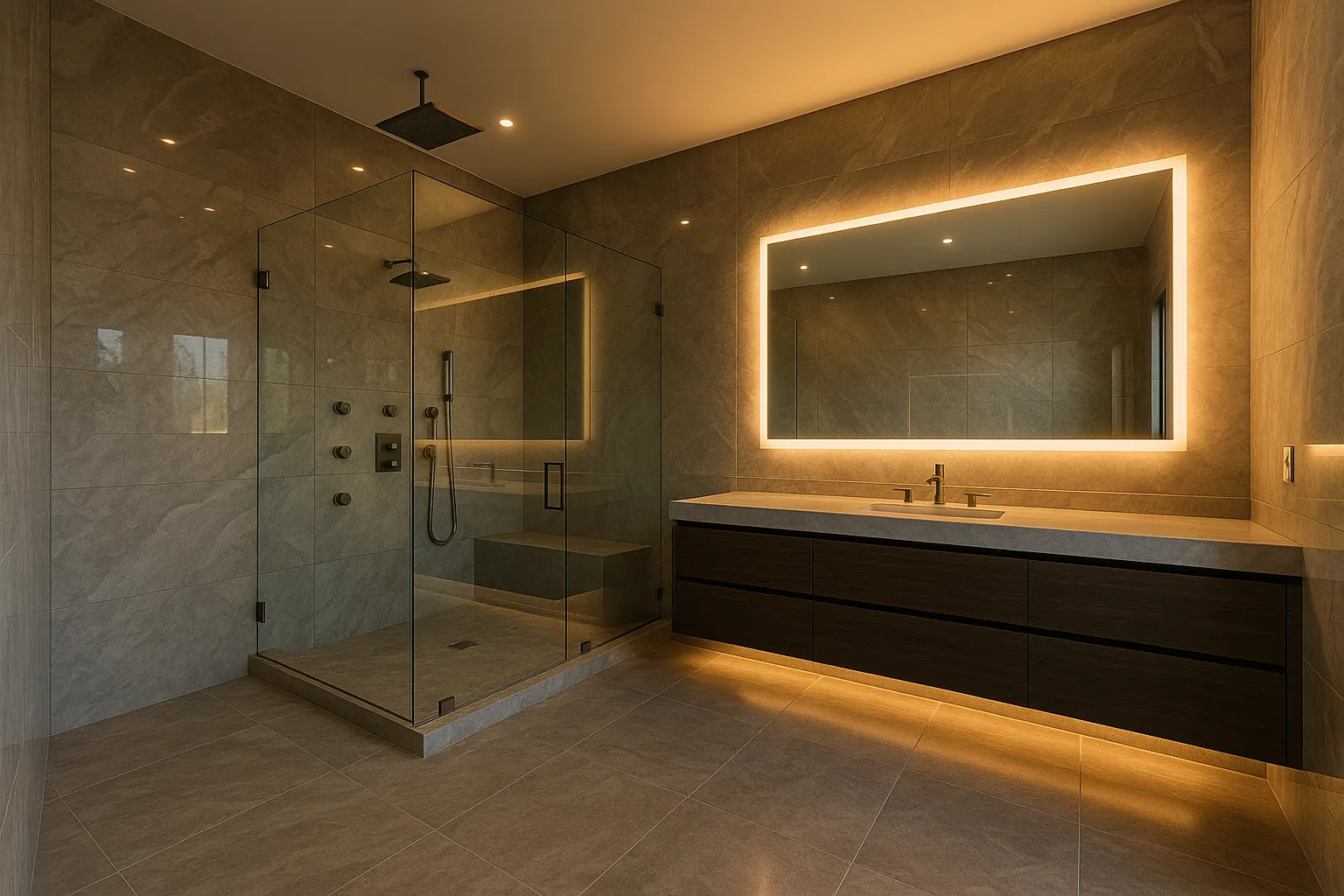 Master bathroom luxury remodel in West Hollywood with high-end finishes and walk-in shower
