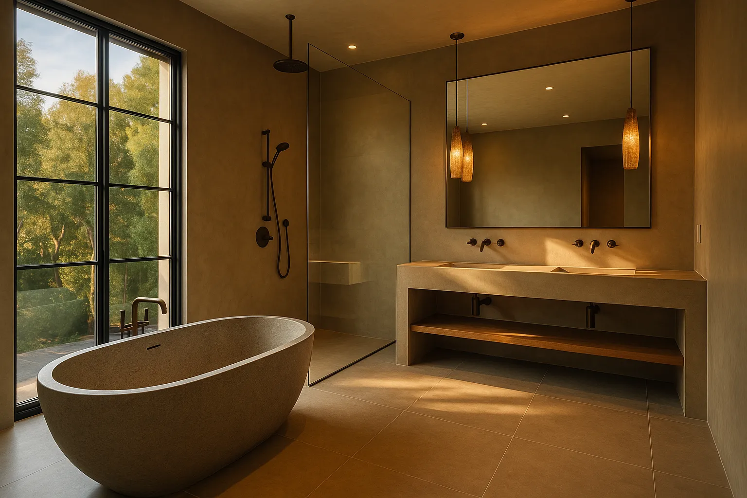 High-end bathroom remodel in West Hollywood with a wet room conversion and stone tub