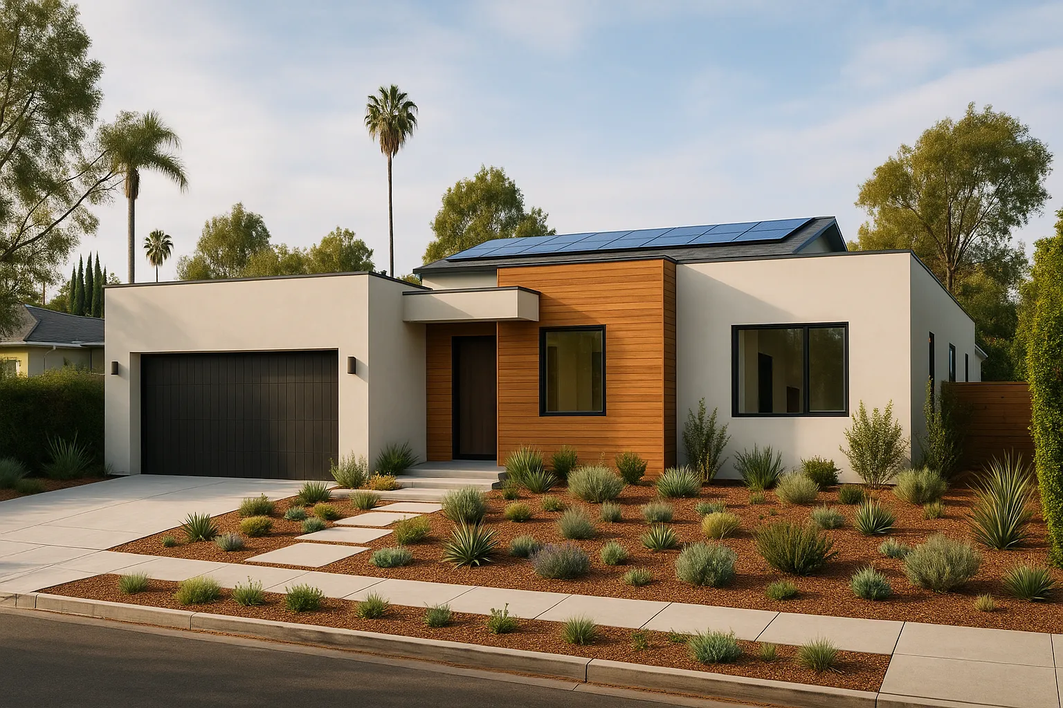 Completed design-build home exterior in a Los Angeles neighborhood, California
