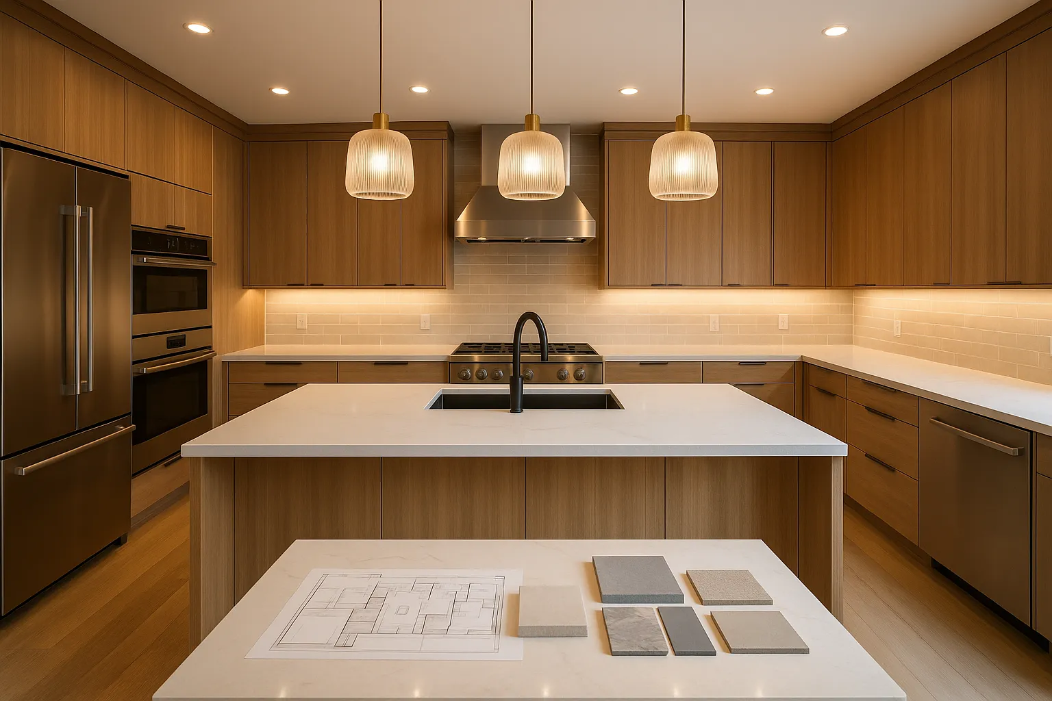 Completed design build kitchen remodel in Santa Clarita, California, featuring custom cabinetry and quartz countertops.