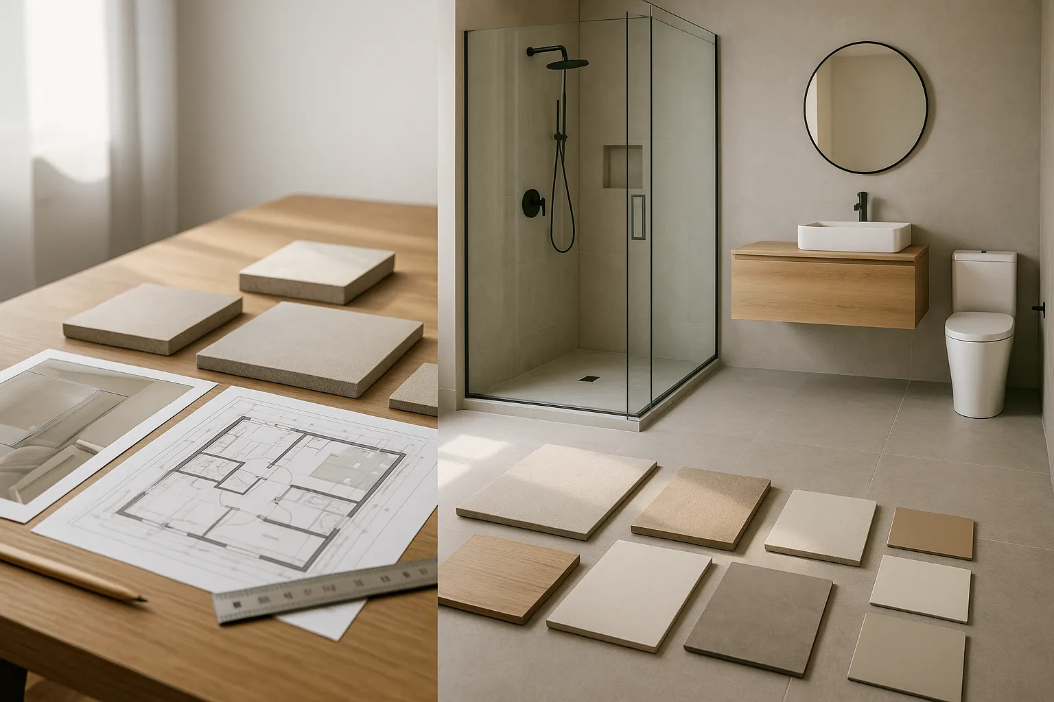 Modern bathroom renovation in Santa Clarita, California, showcasing microcement finishes and a seamless design.
