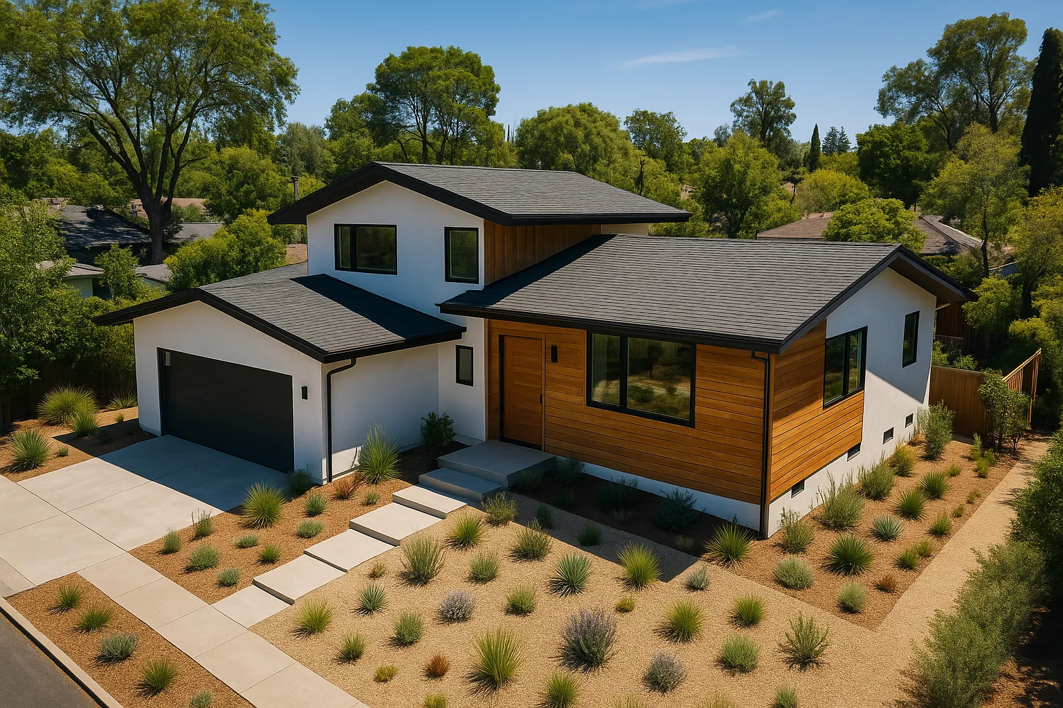 Drone aerial view of a mid-century home renovation in Sherman Oaks, California, showcasing modern design-build techniques.