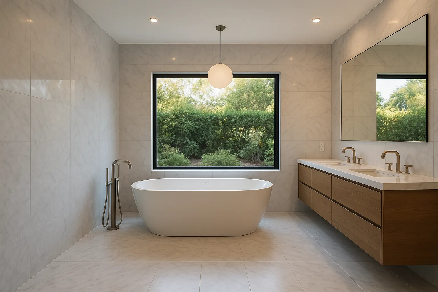 Luxurious bathroom remodel in Sherman Oaks, California, highlighting design-build expertise with marble and modern fixtures.