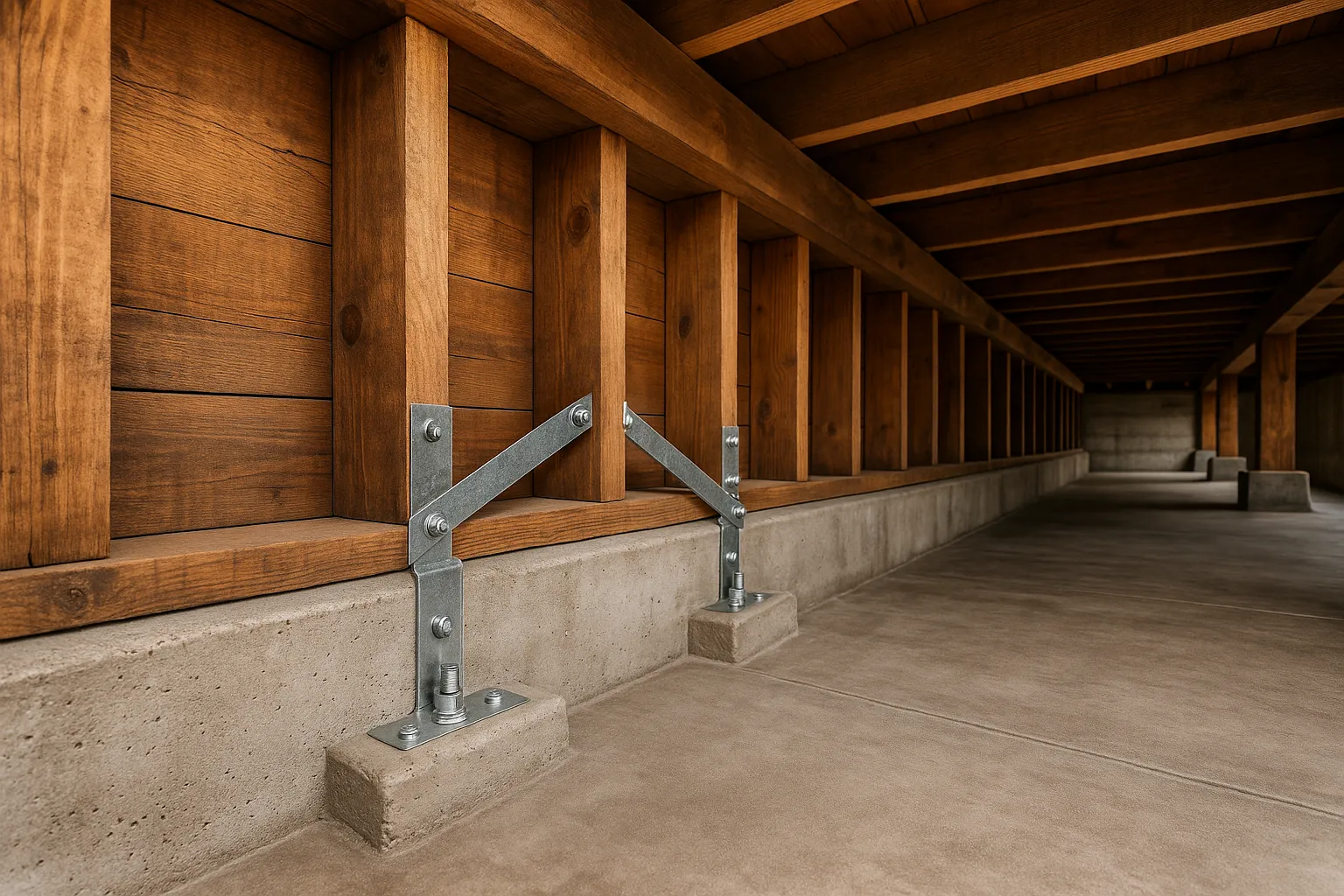 Raised foundation crawl space under a 1920s Craftsman home in Pasadena, California, showing wood cripple walls and concrete stem walls.