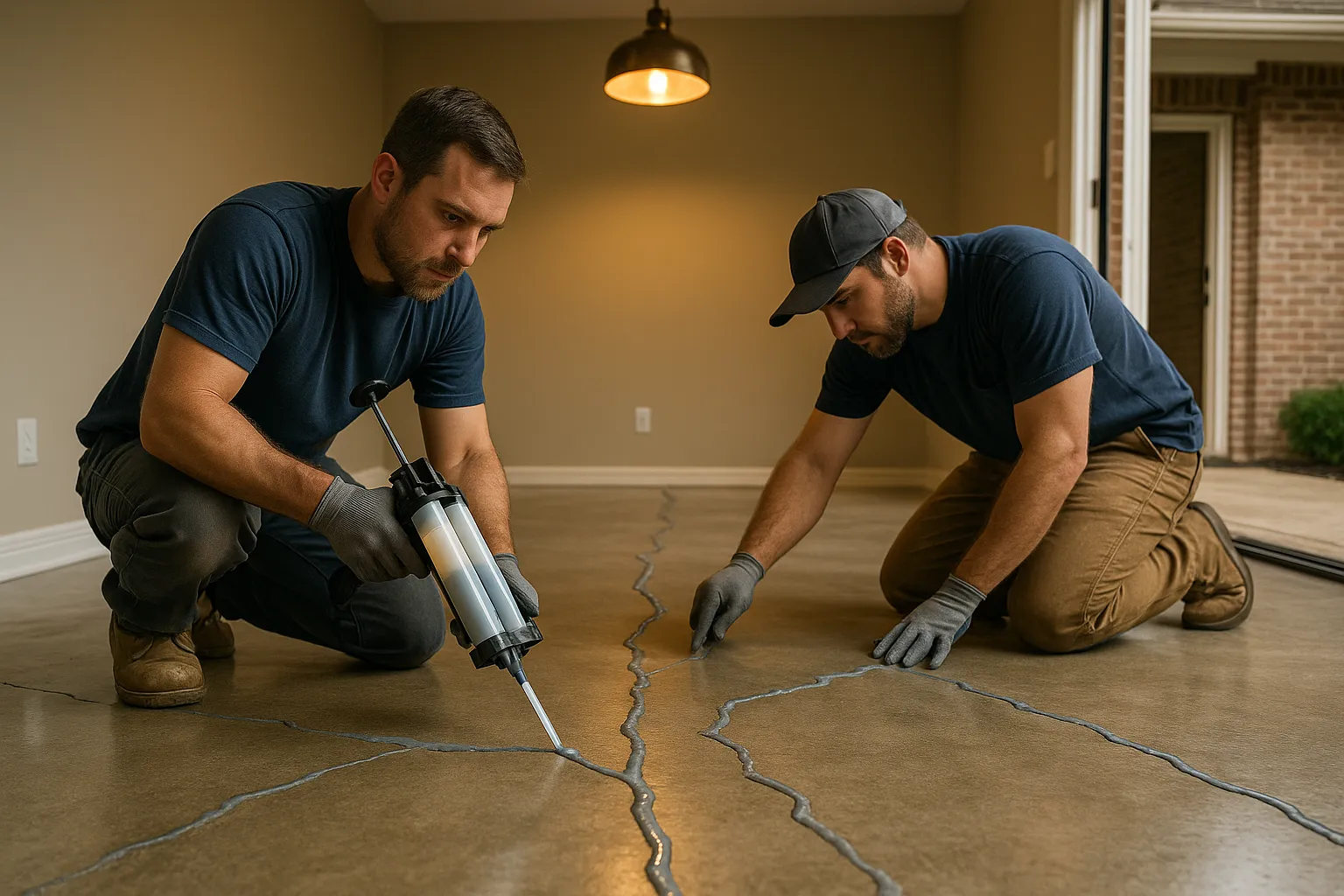 Foundation repair team performing crack injection on a concrete slab in Pasadena, California, showing epoxy application process.