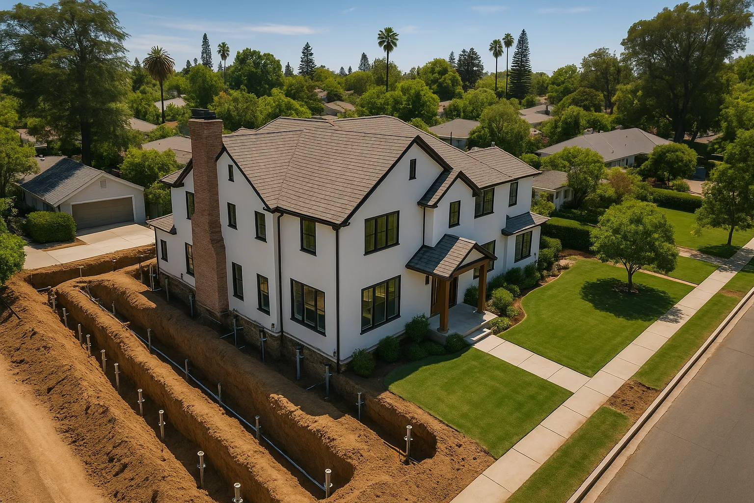 Drone aerial view of full perimeter underpinning on a large Pasadena home, showcasing foundation repair work in progress.