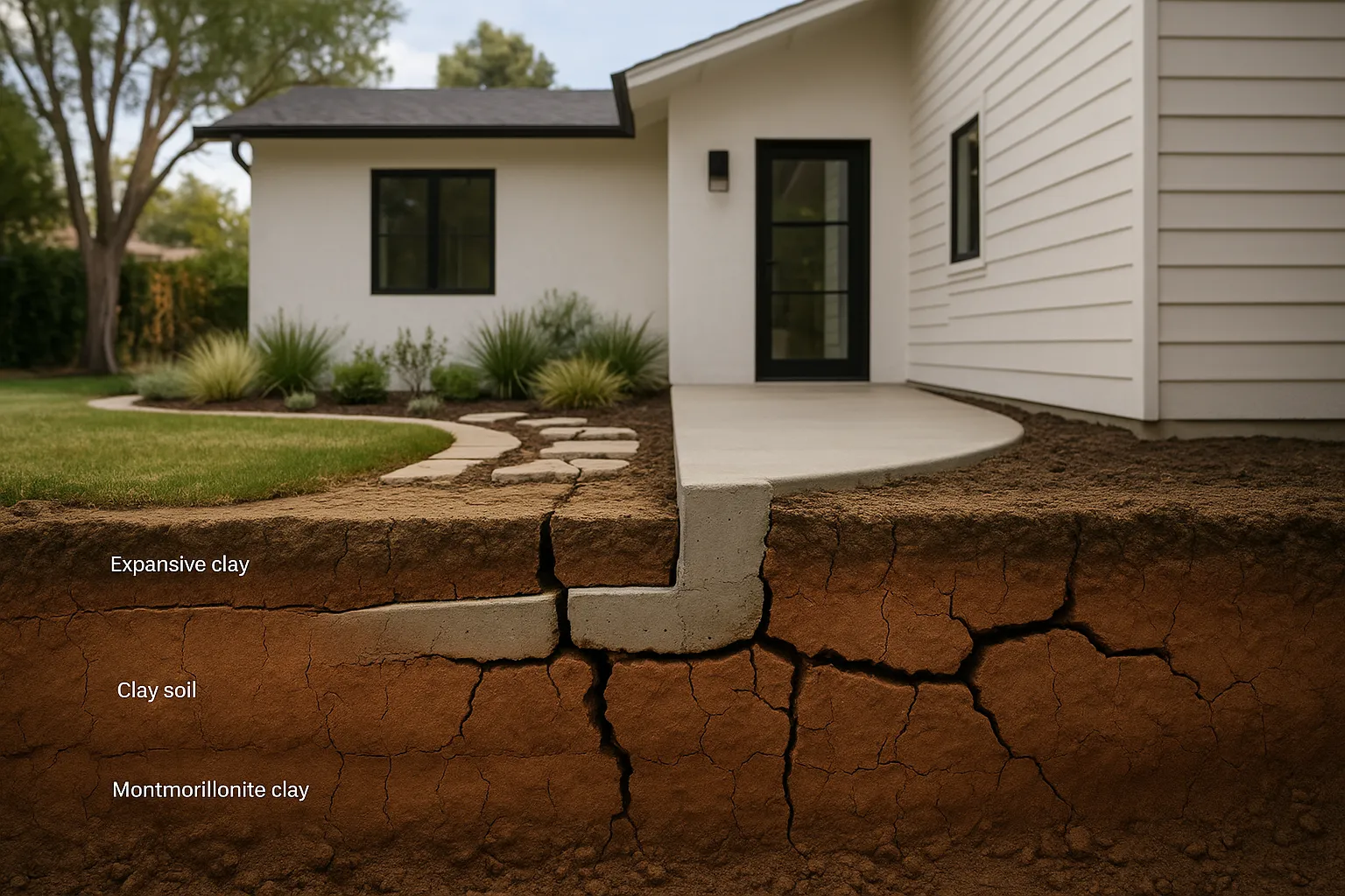 Expansive clay soil cross-section beneath a Woodland Hills residential foundation showing cracking and differential settlement in California.