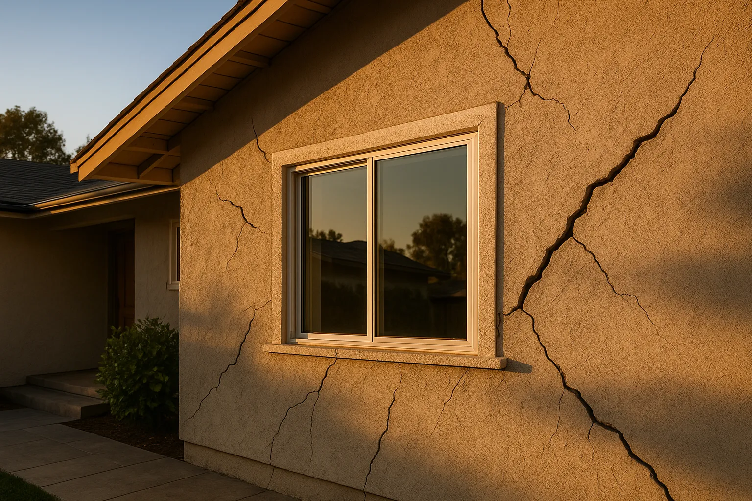 Exterior of a Woodland Hills home showing diagonal cracks indicating foundation distress in California.