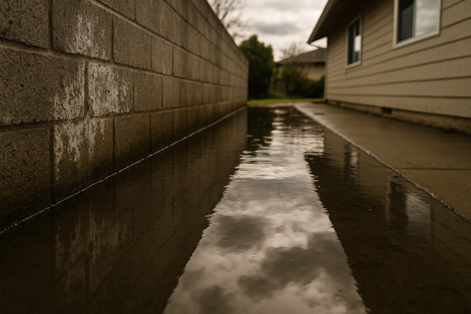 Standing water near the perimeter of a Woodland Hills home showing drainage issues affecting the foundation in California.