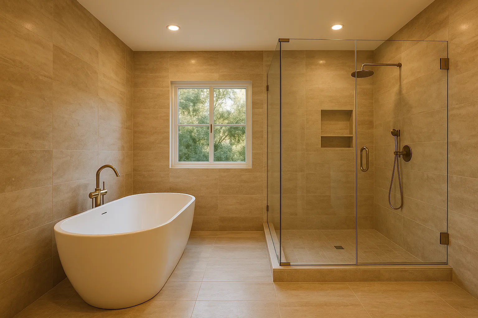 Luxurious Calabasas bathroom remodel with travertine tiles and freestanding tub