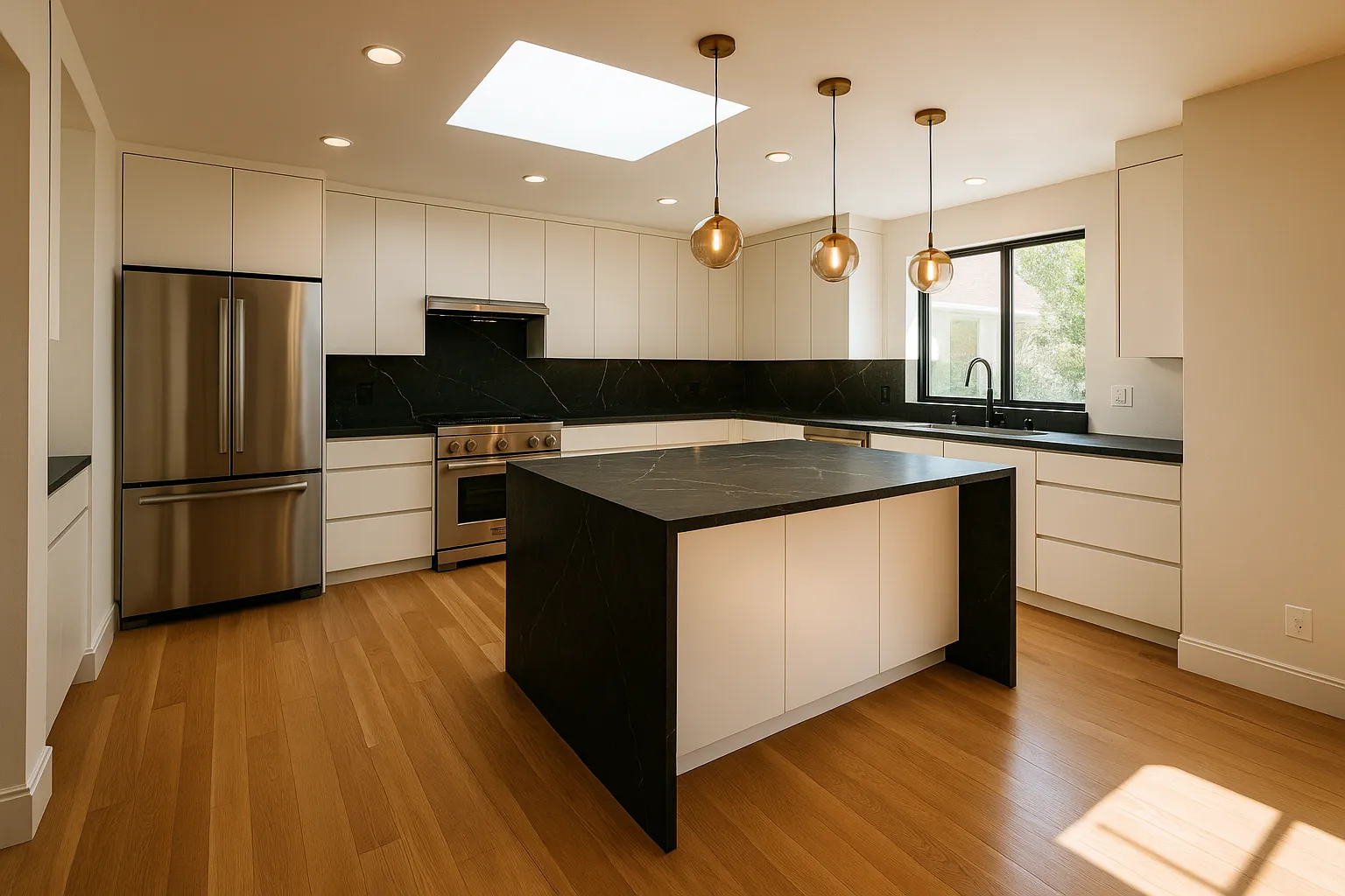 Modern kitchen remodel in Calabasas with black marble countertops and minimalist white cabinetry
