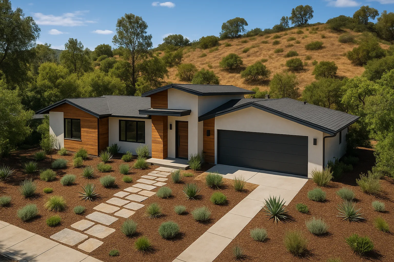 Modern exterior remodel of a Calabasas home with wood and stucco finishes