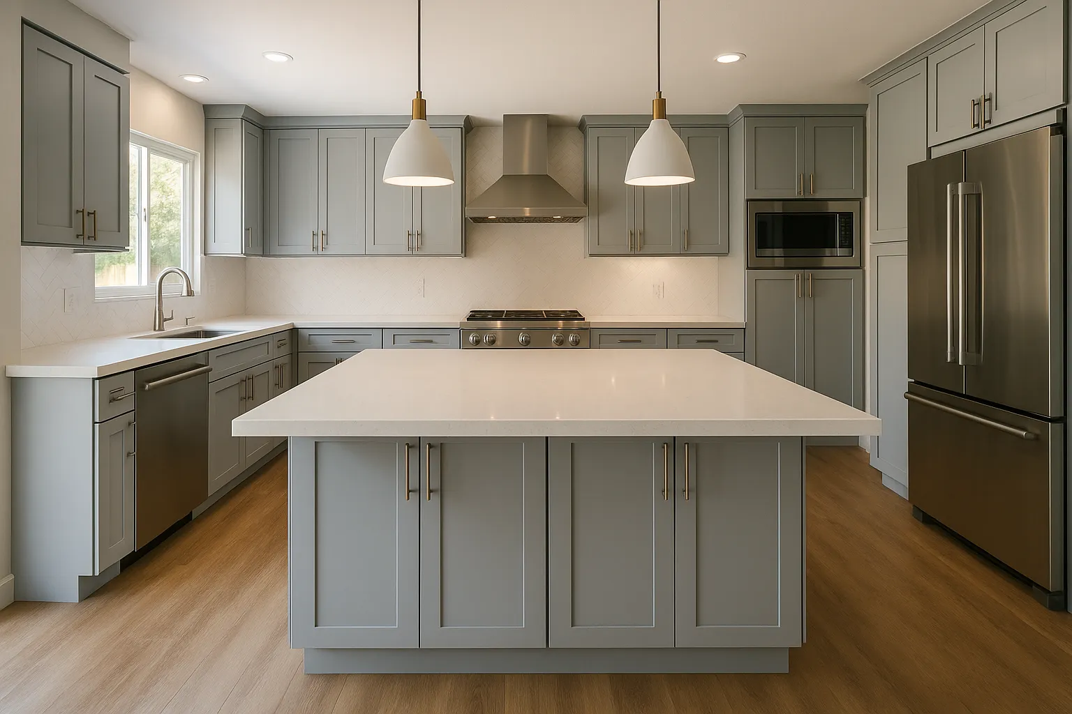 Encino kitchen cosmetic refresh with quartz countertops and pendant lighting, California