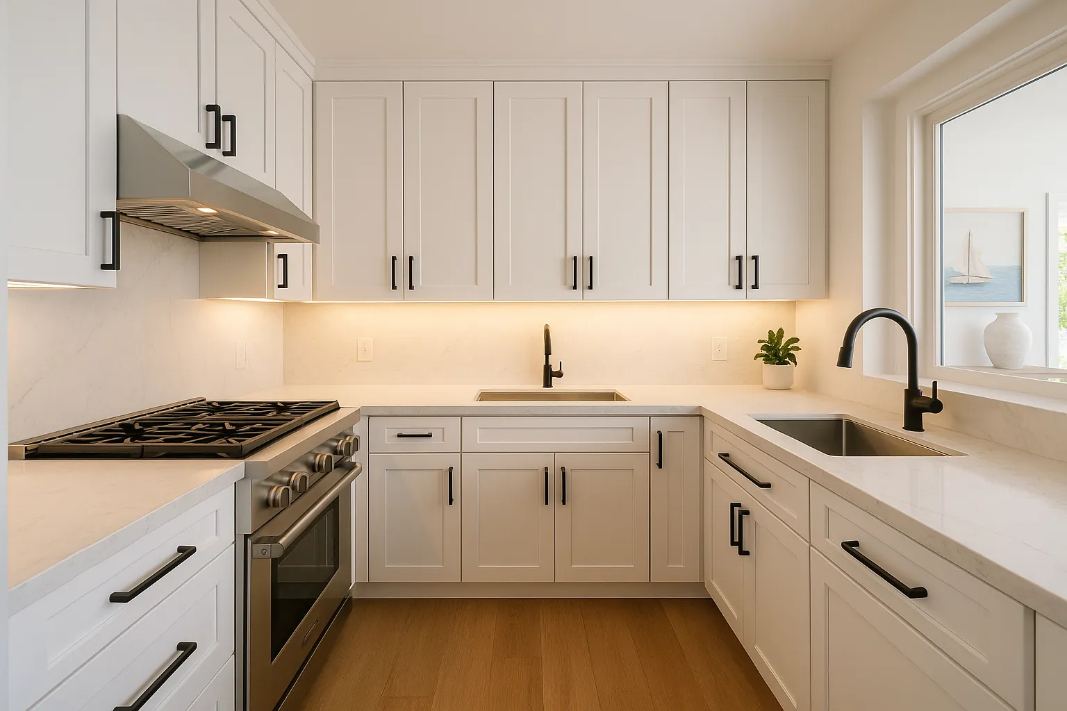 Cosmetic kitchen refresh in Manhattan Beach, California with new quartz countertops and shaker cabinets.