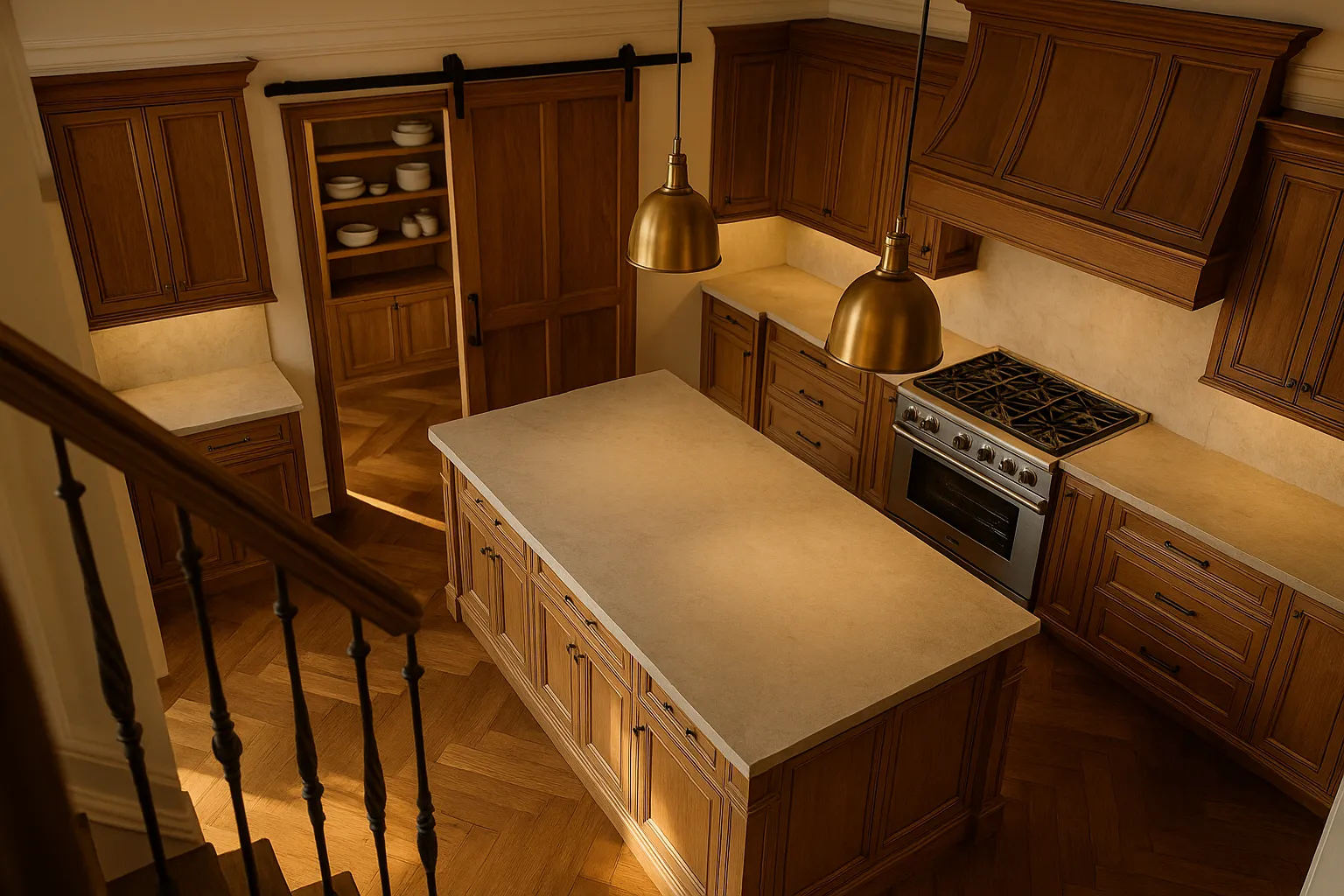 Full custom kitchen renovation in Manhattan Beach, California with bespoke cabinetry and a butler's pantry.