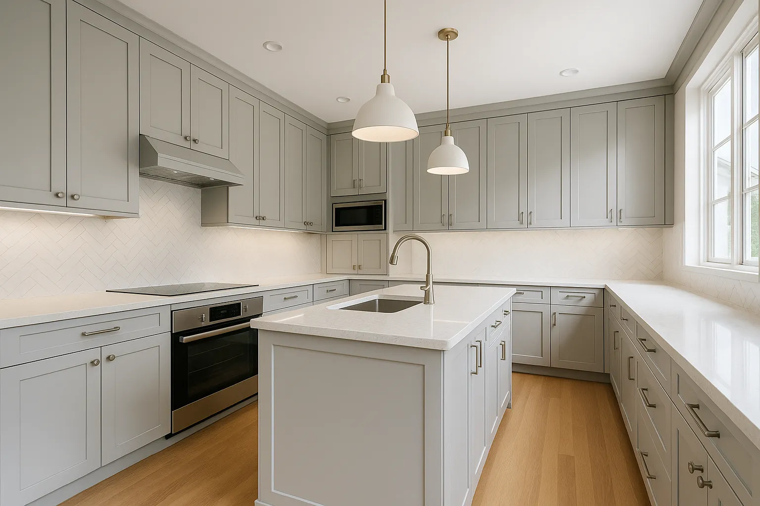 Mid-range kitchen remodel in Manhattan Beach, California with semi-custom cabinetry and new appliances.